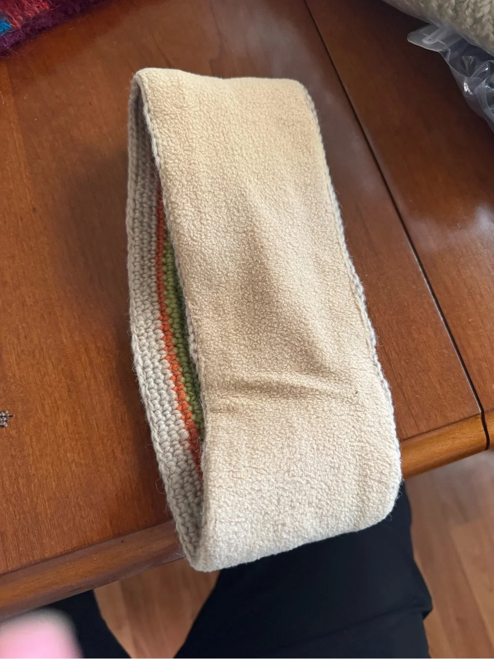 Handmade Cream Knit Headband with Pink Flower and Multicolor Stripes